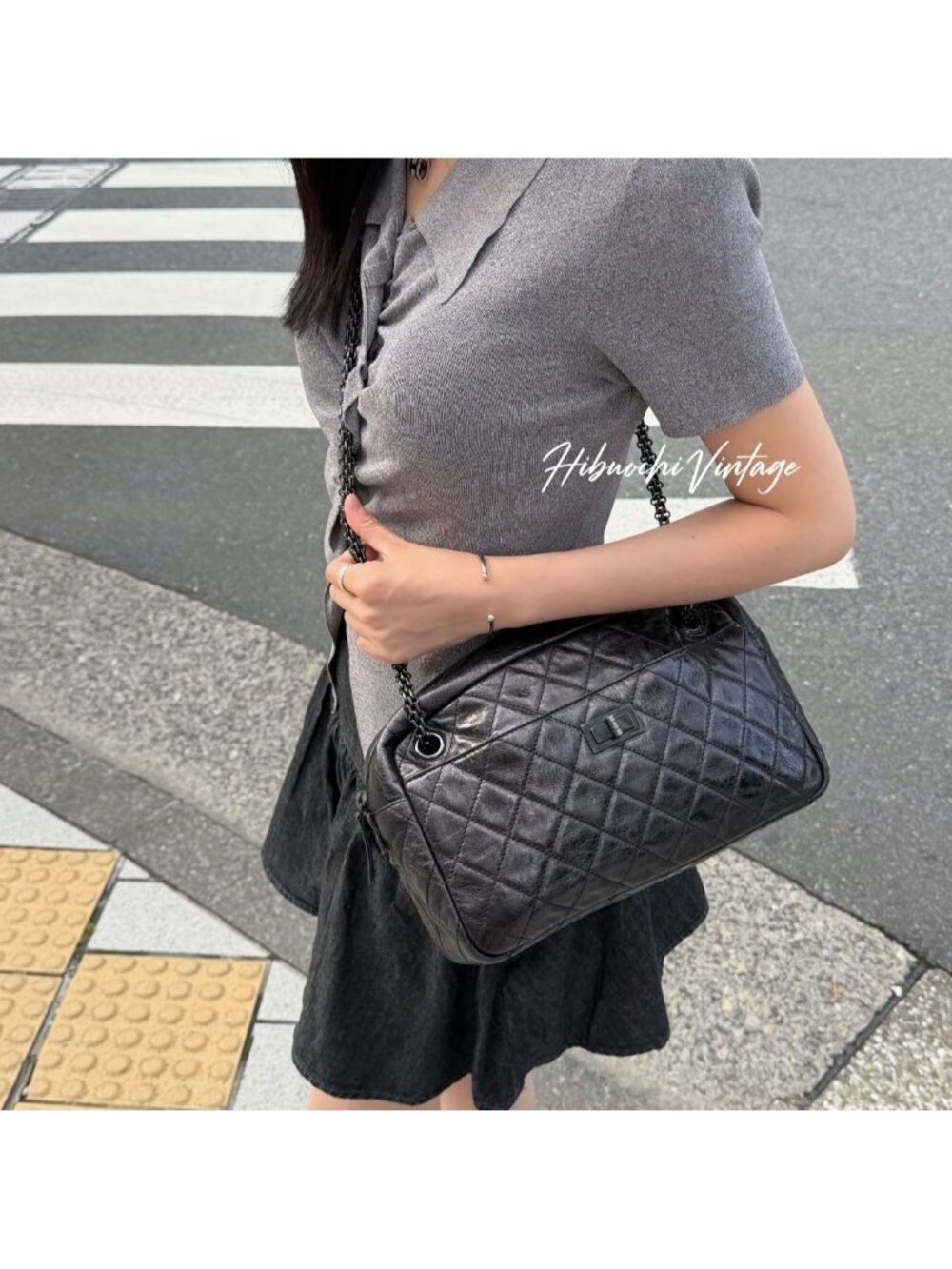 Chanel Quilted 2.55 Chain Shoulder Boston Bag Leather Black Vintage